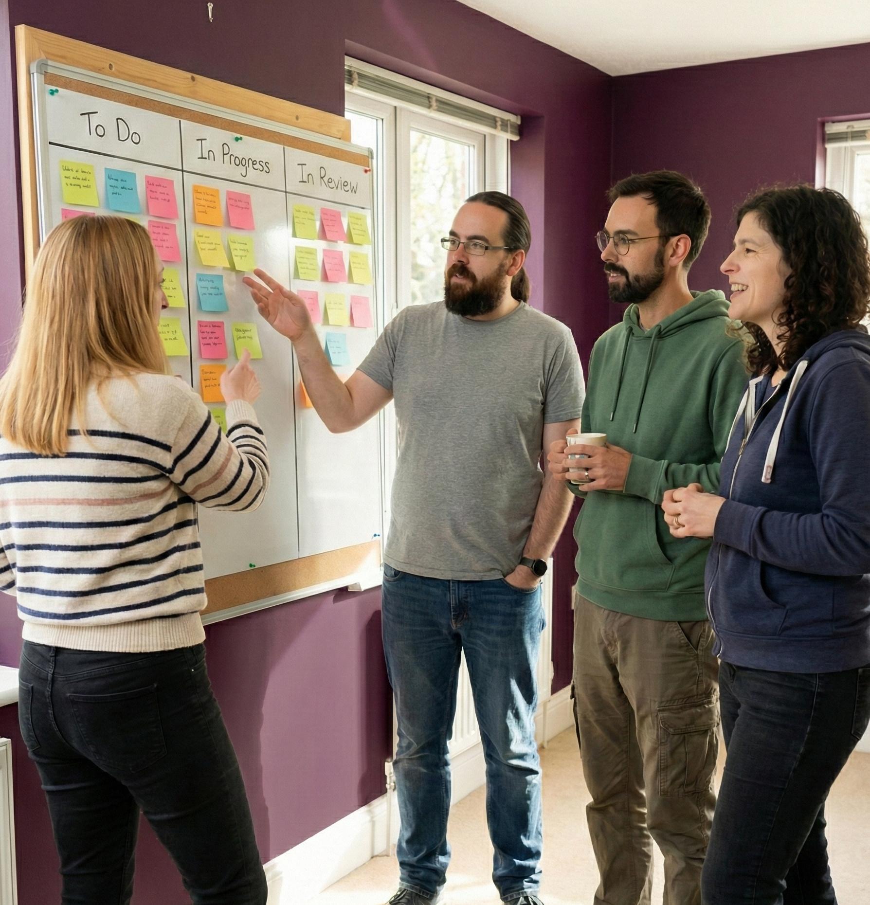 Some of the team working on a Kanban board